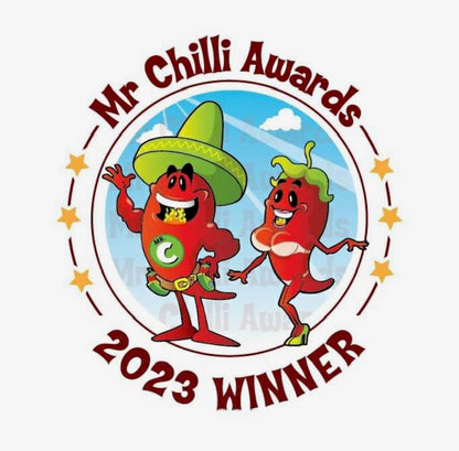 Logo for Mr Chilli Awards 2023 Winner with cartoon chili characters on a white background